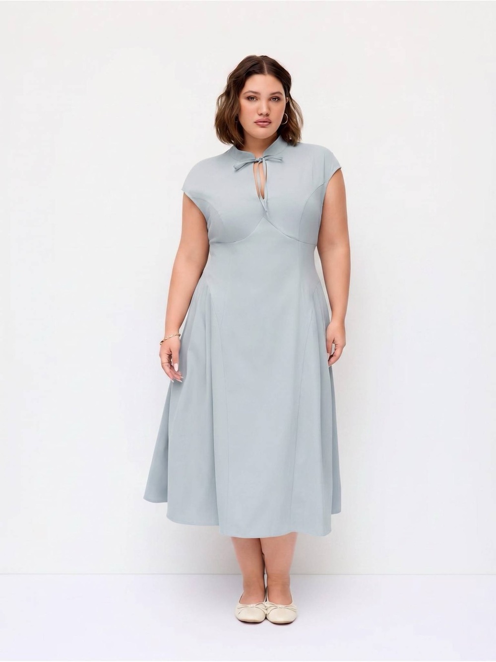 Cider Pale Blue V-Neck Drawstring Midi Dress